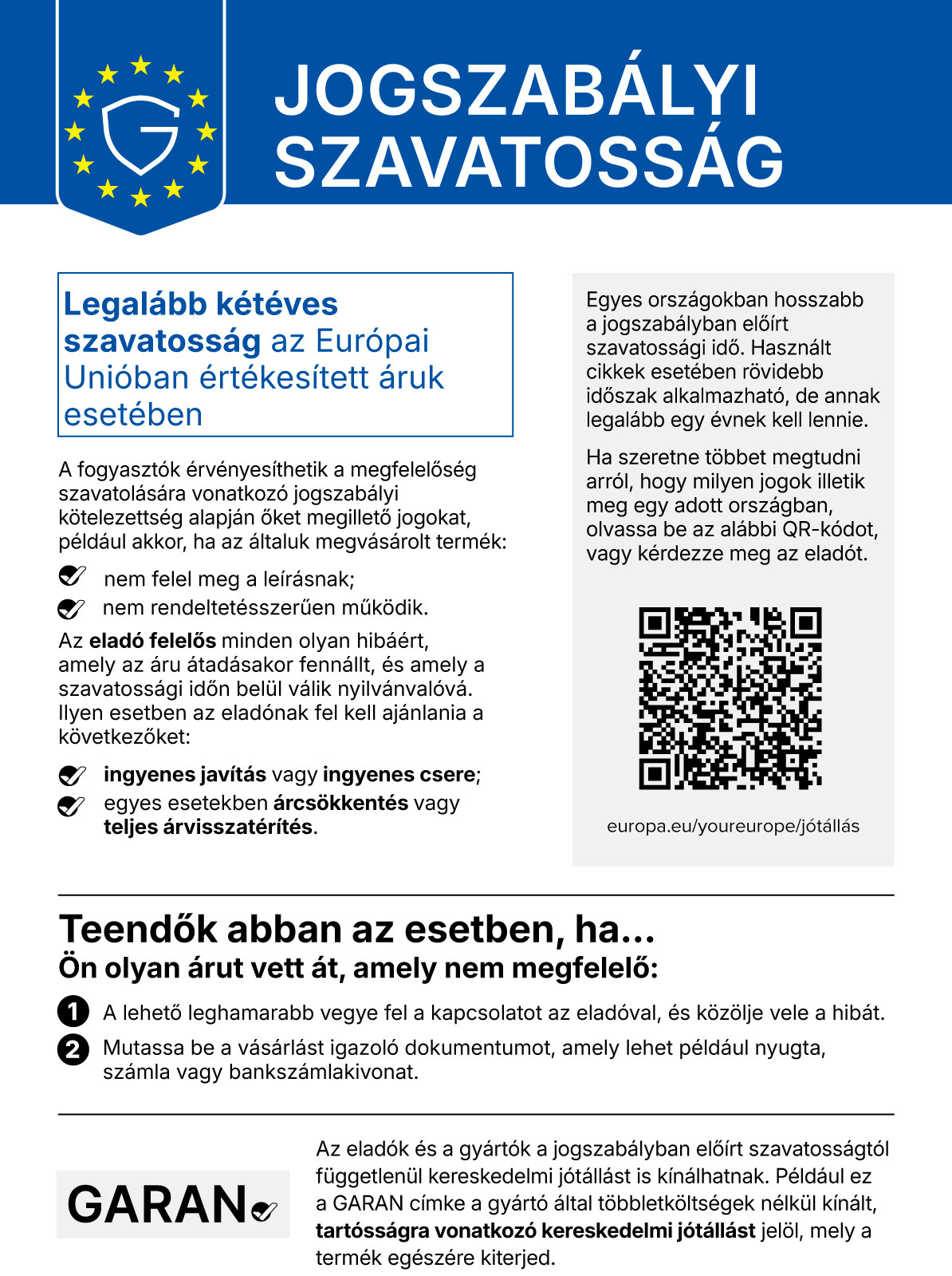 Tájékoztató az EU jogszabályi jótállásáról